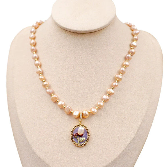 Vintage Handmade Painted Alloy Pendant With Pink Pearl Inlay Geometric Pattern And Copper Chain