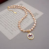 Vintage Handmade Painted Alloy Pendant With Pink Pearl Inlay Geometric Pattern And Copper Chain