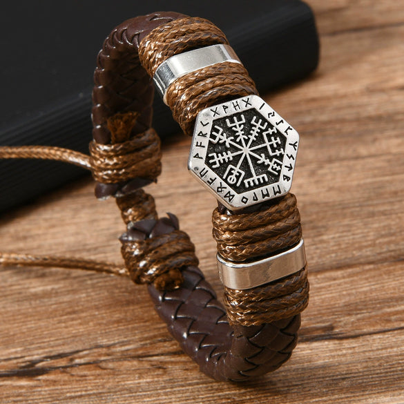 Vintage Handwoven Beaded Metal Scripture Leather Unisex Bracelet Geometric Pattern Handmade