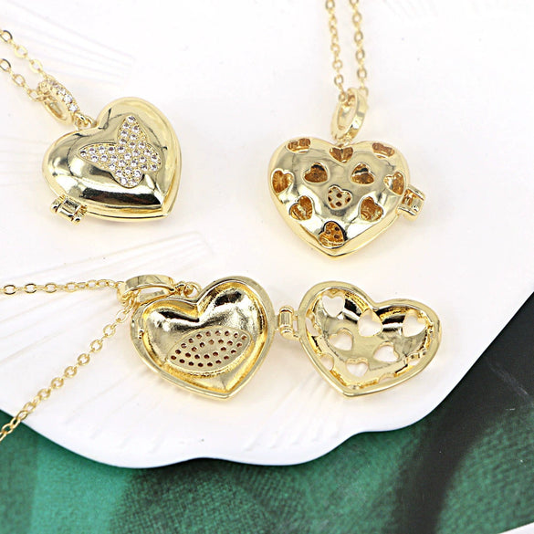 Vintage Heart Shaped Butterfly Photo Box Necklace Copper Clavicle Chain With Opening Pendant And Micro Pave Zircon Inlay