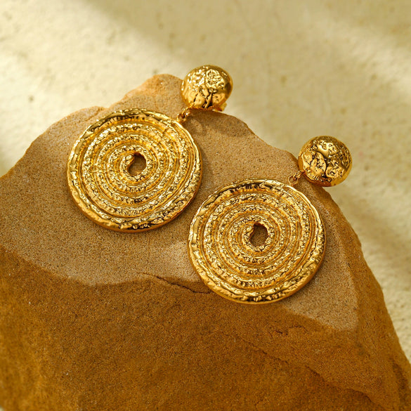 Vintage Hollow Spiral Disc Stainless Steel Earrings With Electroplating