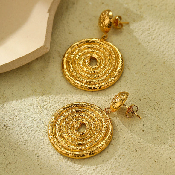 Vintage Hollow Spiral Disc Stainless Steel Earrings With Electroplating