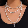 Vintage Imitation Pearl Beaded Hip Hop Rivet Cross Women's Necklace Choker Alloy Pendant Electroplated