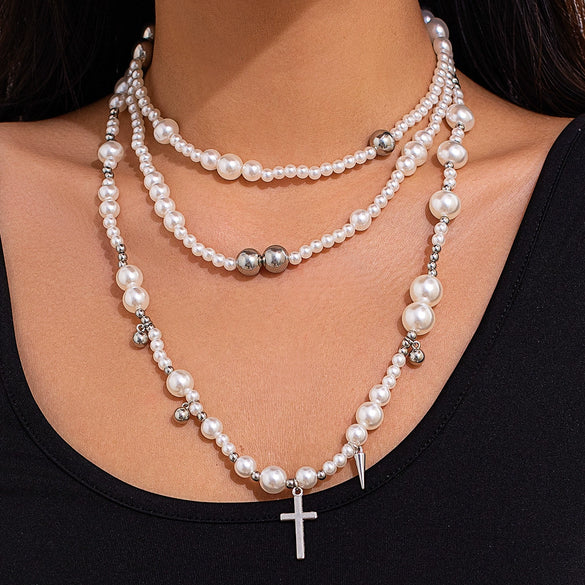 Vintage Imitation Pearl Beaded Hip Hop Rivet Cross Women's Necklace Choker Alloy Pendant Electroplated