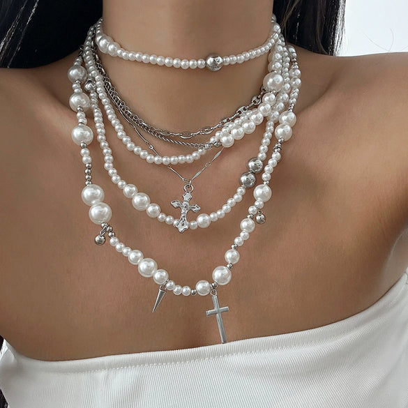 Vintage Imitation Pearl Beaded Hip Hop Rivet Cross Women's Necklace Choker Alloy Pendant Electroplated