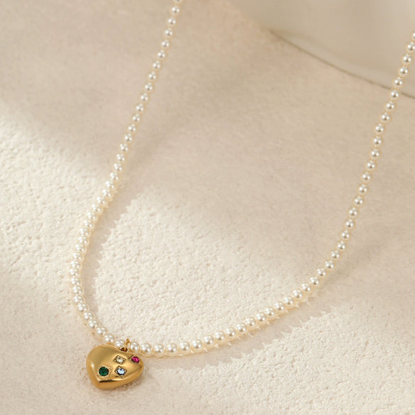 Vintage Imitation Pearl Love Pendant Necklace Stainless Steel Electroplated Geometric Style For Women