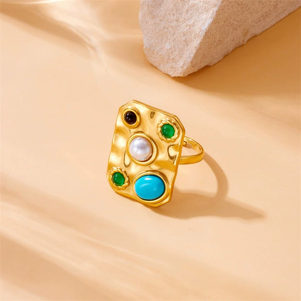 Vintage Inlaid Blue Pine Stone Square Ring Fashion Court Style Stainless Steel Gold Plated For Women