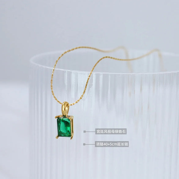 Vintage Inlaid Emerald Zircon Titanium Steel Necklace Wholesale Gooddiy