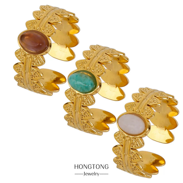Vintage Ins Style Stainless Steel Oval Turquoise Adjustable Ring With Electroplating For Women