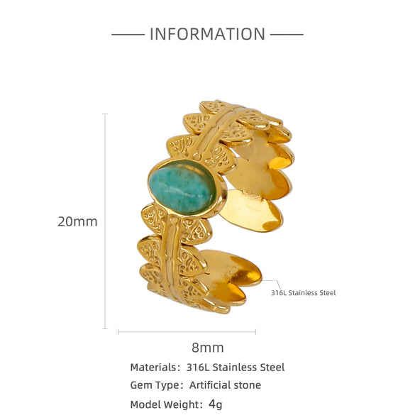 Vintage Ins Style Stainless Steel Oval Turquoise Adjustable Ring With Electroplating For Women