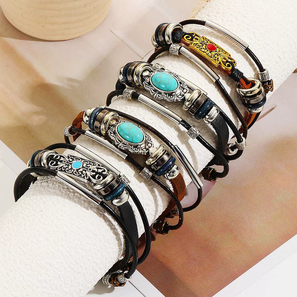 Vintage Leather Bracelet Geometric Style Electroplating Unisex