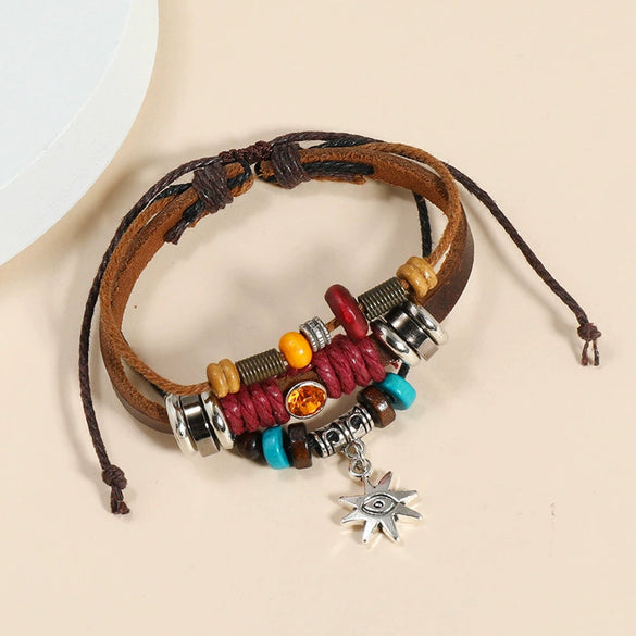 Vintage Leather Bracelet With Devil's Eyes And Leaf Pattern