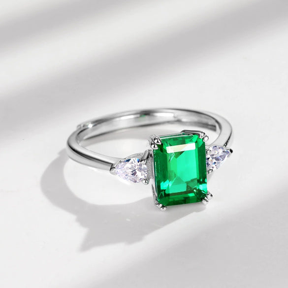 Vintage Light Luxury Cultivation Emerald Ring 925 Silver Inlay Geometric Style Set With Diamonds For Women