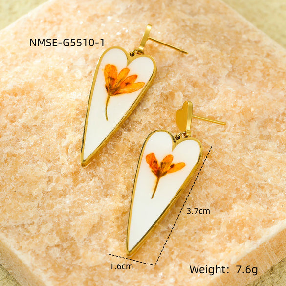 Vintage Love Water Drop Geometric Dried Flower Oil Drop Pendant Earrings Stainless Steel Jewelry Electroplated