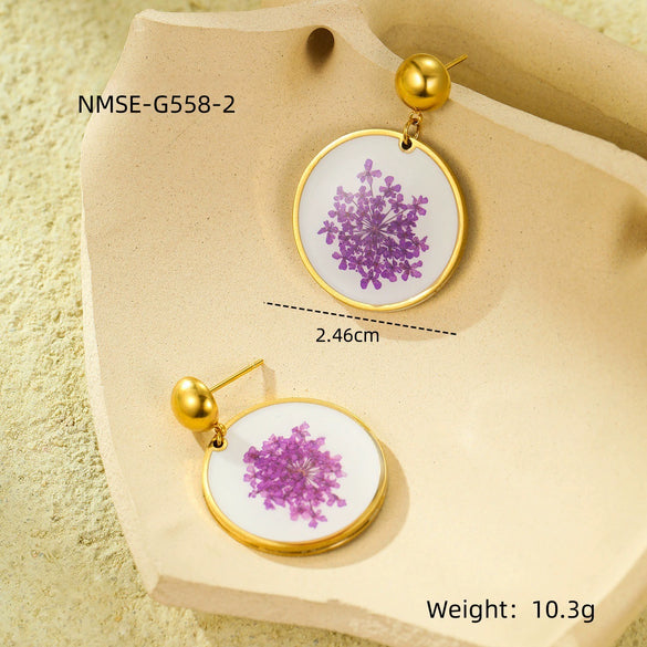 Vintage Love Water Drop Geometric Dried Flower Oil Drop Pendant Earrings Stainless Steel Jewelry Electroplated