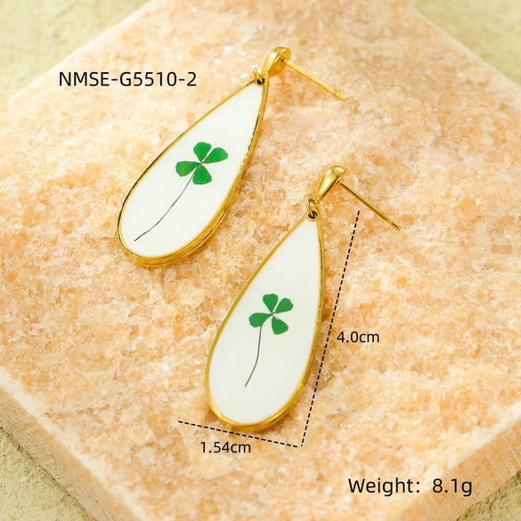Vintage Love Water Drop Geometric Dried Flower Oil Drop Pendant Earrings Stainless Steel Jewelry Electroplated