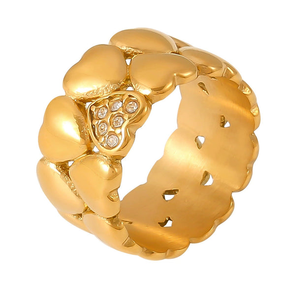 Vintage Middle Ancient Style Love Ring For Women Stainless Steel With 18K Real Gold Plated Double Layer Stacked Small Peach Heart Shaped Geometric Pattern Electroplated