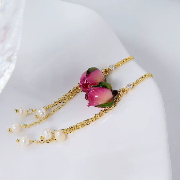 Vintage Natural Pearl Tassel Titanium Steel Electroplated Earrings For Women