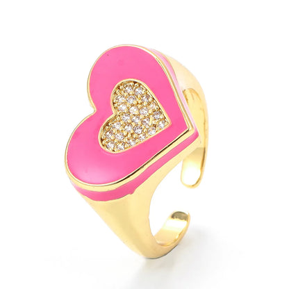 Vintage Oil Drop Opening Adjustable Wide Face Heart Shape Inlaid Zircon Copper Ring Wholesale Gooddiy