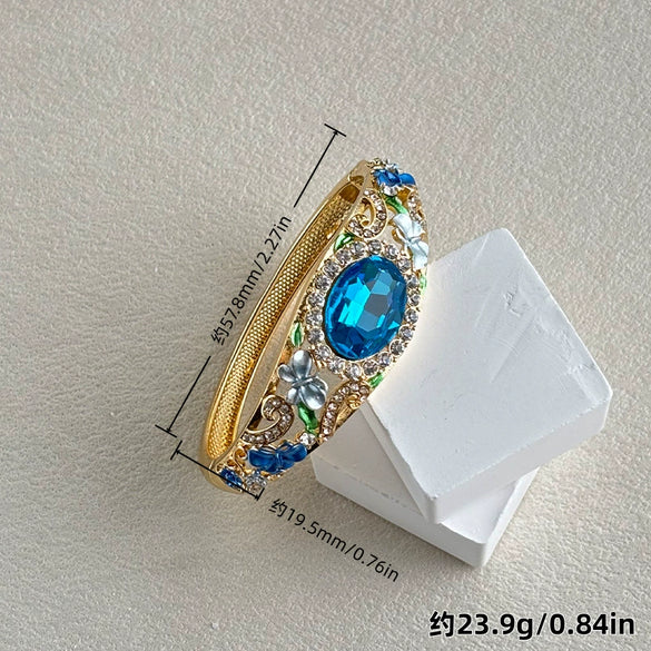 Vintage Painted Rose Oval Gemstone Bangle With Diamond Surround And Elegant Plated Floral Design Jewelry
