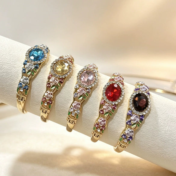 Vintage Painted Rose Oval Gemstone Bangle With Diamond Surround Floral Design And Elegant Plated Finish