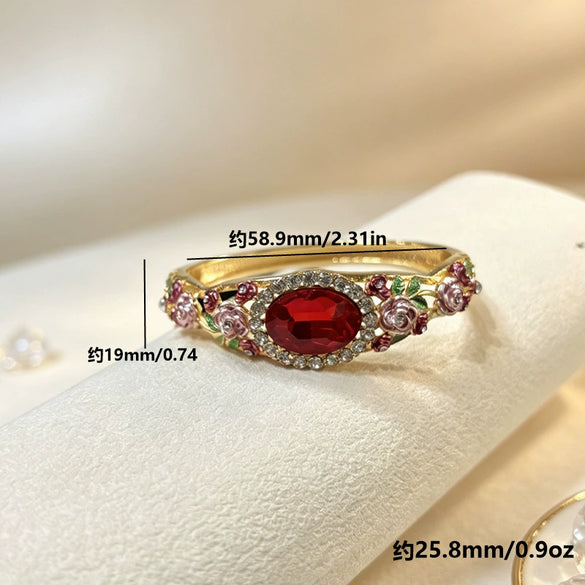 Vintage Painted Rose Oval Gemstone Bangle With Diamond Surround Floral Design And Elegant Plated Finish