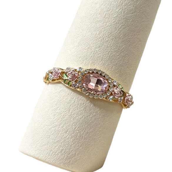 Vintage Painted Rose Oval Gemstone Bangle With Diamond Surround Floral Design And Elegant Plated Finish