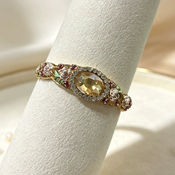Vintage Painted Rose Oval Gemstone Bangle With Diamond Surround Floral Design And Elegant Plated Finish
