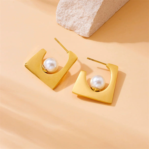 Vintage Personality Irregular Stainless Steel Pearl Square Three Piece Set Of Ring Earrings Necklace With Gold Plated Electroplating For Women