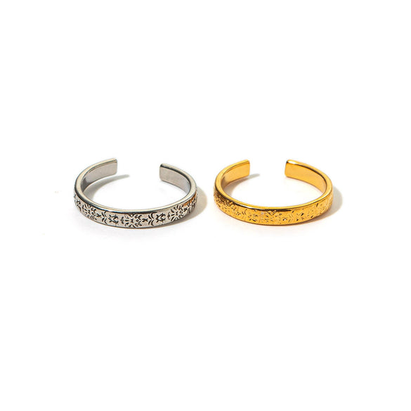 Vintage Printed Embossed Open Plain Stainless Steel Ring With Geometric Pattern And Electroplating For Men And Women
