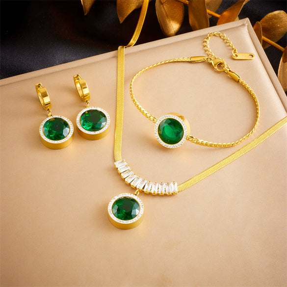 Vintage Round Diamondencrusted Emerald Pendant Stainless Steel Women's Jewelry Set With Electroplating Design Earrings Bracelet Necklace