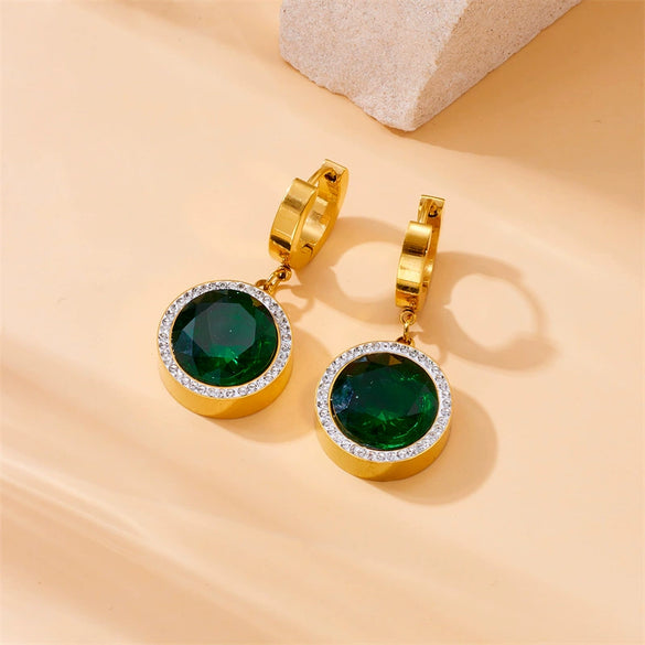 Vintage Round Diamondencrusted Emerald Pendant Stainless Steel Women's Jewelry Set With Electroplating Design Earrings Bracelet Necklace