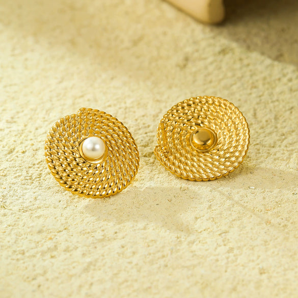 Vintage Round Texture Pearl Stainless Steel Electroplated Earrings For Women