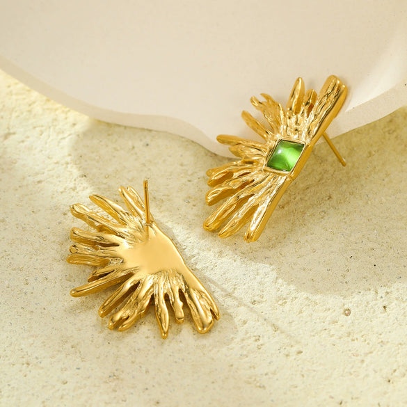 Vintage Semicircular Sunflower Lineshaped Green Cat's Eye Stone Stainless Steel Electroplated Women's Earrings