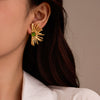 Vintage Semicircular Sunflower Lineshaped Green Cat's Eye Stone Stainless Steel Electroplated Women's Earrings