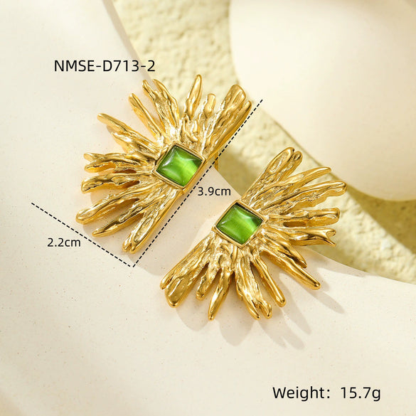 Vintage Semicircular Sunflower Lineshaped Green Cat's Eye Stone Stainless Steel Electroplated Women's Earrings