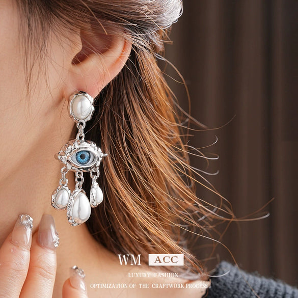 Vintage Silver Needle Fake Pearl Geometric Earrings With Electroplating And Tassel For Women