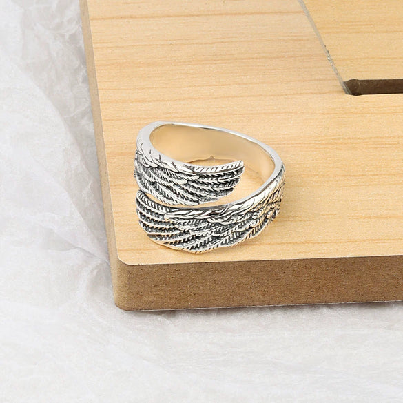 Vintage Silver Open Ring With Angel Wings Geometric Design Electroplated Adjustable Unisex Jewelry