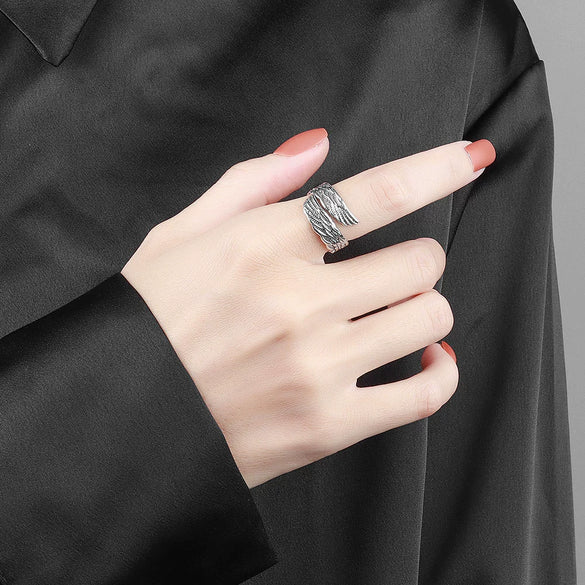 Vintage Silver Open Ring With Angel Wings Geometric Design Electroplated Adjustable Unisex Jewelry