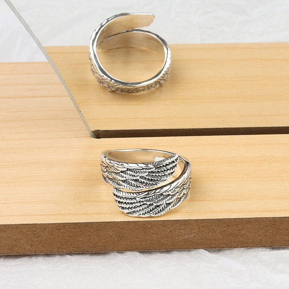 Vintage Silver Open Ring With Angel Wings Geometric Design Electroplated Adjustable Unisex Jewelry