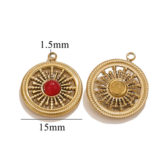 Vintage Simple Stainless Steel Turquoise Inlay Hollow Round Pendant Necklace Earrings