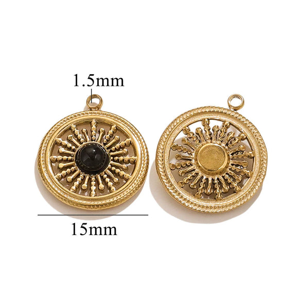 Vintage Simple Stainless Steel Turquoise Inlay Hollow Round Pendant Necklace Earrings