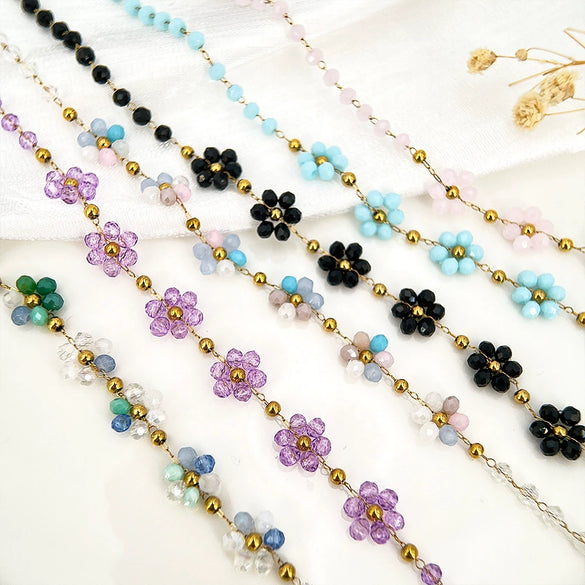 Vintage Small Fresh Daisy Flower Stainless Steel Woven Crystal Chain Electroplated Bracelet Necklace