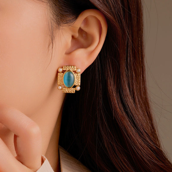 Vintage Square Pleated Pearl Oval Natural Stone Earrings For Women Stainless Steel 18K Electroplated