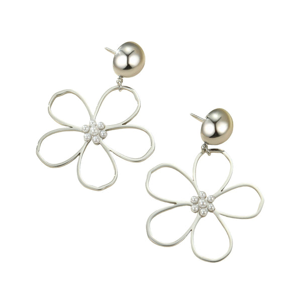 Vintage Stainless Steel And 18K Earrings With Hollow Flower Pearl Pendant And Electroplating Treatment