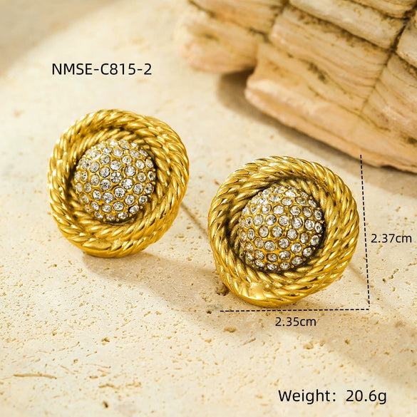 Vintage Stainless Steel Circle Earrings Wrapped With Zircon For Women Electroplated