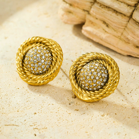 Vintage Stainless Steel Circle Earrings Wrapped With Zircon For Women Electroplated