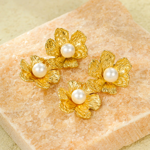 Vintage Stainless Steel 18K Electroplated Petals Tassels Textured Pearl Stud Earrings For Women