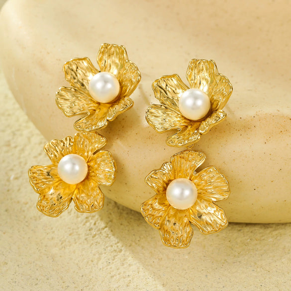 Vintage Stainless Steel 18K Electroplated Petals Tassels Textured Pearl Stud Earrings For Women