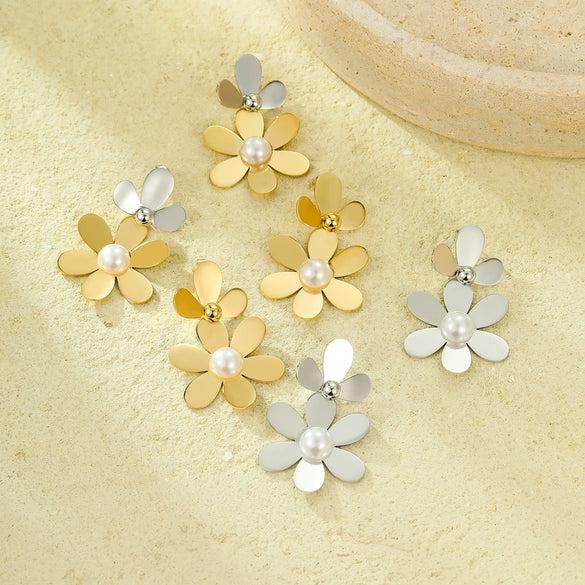 Vintage Stainless Steel Petal Tassel With Pearl Electroplated Women's Earrings
